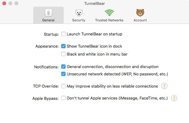 Ajustes generales de TunnelBear